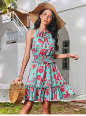 Boho Mini Dress Halter Sundress, Blue Red Rose