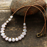 Boho Necklace, Blue Amazonite, Seed Beads Rose Quartz