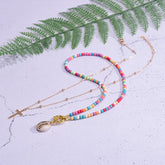 Boho Necklace, Seed Bead Choker, 2 Layers Cross & Shell