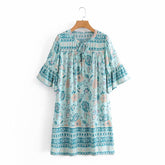 Boho Mini Dress Tunic Dress, Sundress, Bird Garden in Blue, Pink and Apricot