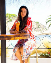 Boho Robe, Kimono Robe, Beach Cover up, Flamingo Flower in Red and Pink