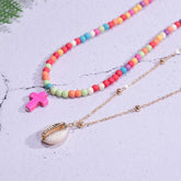 Boho Necklace, Seed Bead Choker, 2 Layers Double Cross