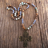 Boho Necklace, RH Precious Lava Stone, Cross and Bird