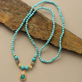 Boho Necklace, Mala Stone Beads Turquoise Gold