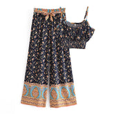 Boho Two Piece Set, Crop Top and Palazzo Pant, Her Flaming in Black
