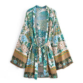 Boho Robe, Kimono Robe, Beach Cover up, Short Robe, Flamingo in Green