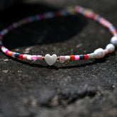 Boho Necklace, Seed Bead Choker, Pearl Heart