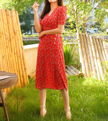 Boho Midi Dress, Vintage Sundress, Red Aspen