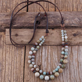 Boho Necklace, RH Precious Natural Stones Links with Leather