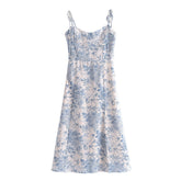 Boho Midi Dress, Strappy Sundress, Blue Vintage Rose
