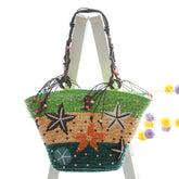 Boho Bag, WovenStraw Basket Bag, Rattan Bag, Blue Starfish