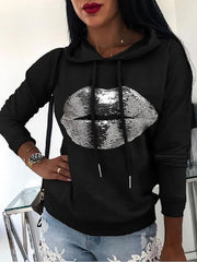 Sequin Lips Print Hooded Sweatshirt
