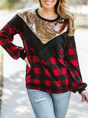 Sequins Plaid Print Long Sleeve Top