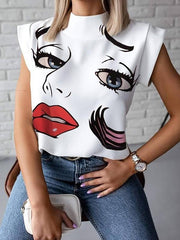 Simple Stand-up Collar Lip Print Blouse