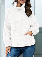 Solid Color Drawstring Zipper Up Plush Tops