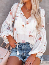 V-neck Lantern Sleeve Chiffon Print See Through Blouse