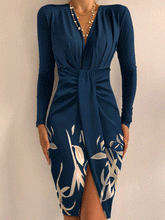 Women's Dresses Ruched V-Neck Printed Long Sleeve Skinny Dress