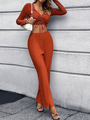 Women's Sets Solid V-neck Bowknot Sexy Two-piece Suit
