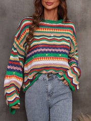 Women's Sweaters Hollow Stripe Long Sleeve Round Neck Sweater