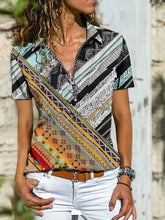 Women's T-Shirts Boho Print Zip Short Sleeve T-Shirt