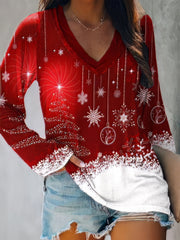 Women's T-Shirts Christmas V-Neck Long Sleeve Casual T-Shirt
