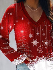 Women's T-Shirts Christmas V-Neck Long Sleeve Casual T-Shirt
