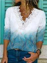 Women's T-Shirts Lace Panel V-Neck Long Sleeve T-Shirt