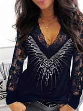 Women's T-Shirts Lace Print V-Neck Long Sleeve T-Shirt