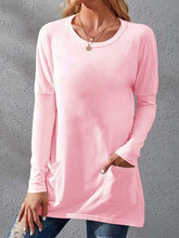 Women's T-Shirts Loose Solid Round Neck Pocket Long Sleeve T-Shirt