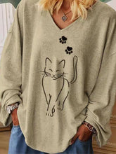 Women's T-Shirts Loose V-Neck Cat Print Long Sleeve T-Shirt