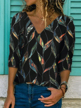 Women's T-Shirts Loose V-Neck Leaf Print Long Sleeve T-Shirt