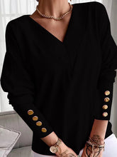 Women's T-Shirts Solid Color Buttoned Cuff V Neck Long Sleeve T-Shirt