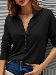 Women's T-Shirts Solid Color V Neck Long Sleeve Button T-Shirt