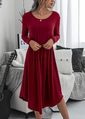 Long Sleeve Solid Color Round Neck Mid Calf Dress