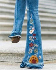 90s Vintage Floral Embroidery Side Flare Jeans