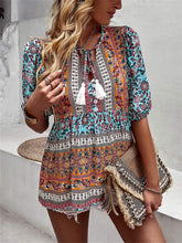Tassel V-neck Print Casual Resort Style Tops Ladies Short Sleeve Blue Purple S M L XL