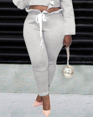 Solid Ruffle Trim Drawstring Crop Top & Pants Set