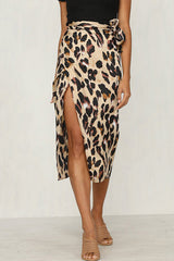 Bow Bandage Leopard Print High-waisted Slit Skirt
