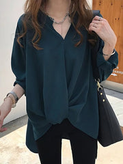 Women's Blouses Chiffon Long Sleeve Solid Color V Neck Blouse