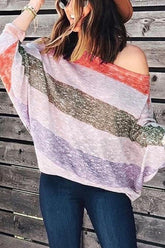 Colorful Stripe Dew Shoulder Bat T Shirt