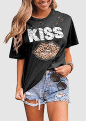 Lips Printed Round Neck Short Sleeve T-shirt