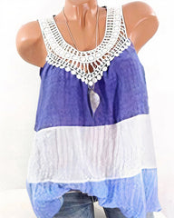 Colorblock Guipure Lace Ruched Sleeveless Blouse