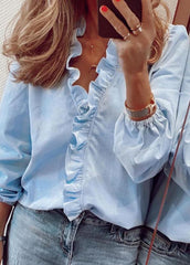 Flouncing V Neck Long Sleeve Blouse
