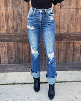 90s Vintage Distressed Roll Hem Zip Fly Jeans