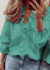 Flouncing V Neck Long Sleeve Blouse