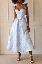 Floral Print Bow High Waist Pocket Midi Dress