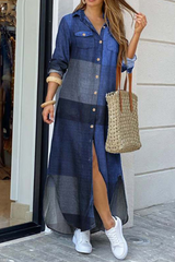 Casual Plaid Pocket Buckle Shirt Collar A Line Dresses