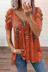 Casual Print Hollowed Out Zipper V Neck T-Shirts