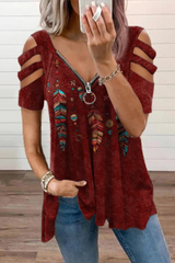 Casual Print Hollowed Out Zipper V Neck T-Shirts