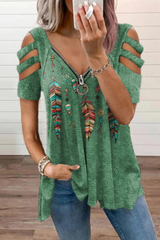 Casual Print Hollowed Out Zipper V Neck T-Shirts